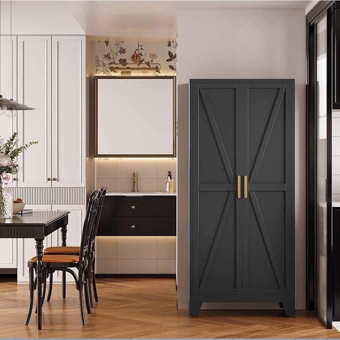 QINPTWUT 61" Metal Storage Cabinet, 4-Tier Kitchen Pantry with 3 Adjustable Shelves, Farmhouse Design Freestanding Cupboard for Kitchen, Bathroom, Laundry, Garage, Black