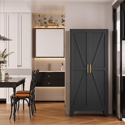 QINPTWUT 61" Metal Storage Cabinet, 4-Tier Kitchen Pantry with 3 Adjustable Shelves, Farmhouse Design Freestanding Cupboard for Kitchen, Bathroom, Laundry, Garage, Black
