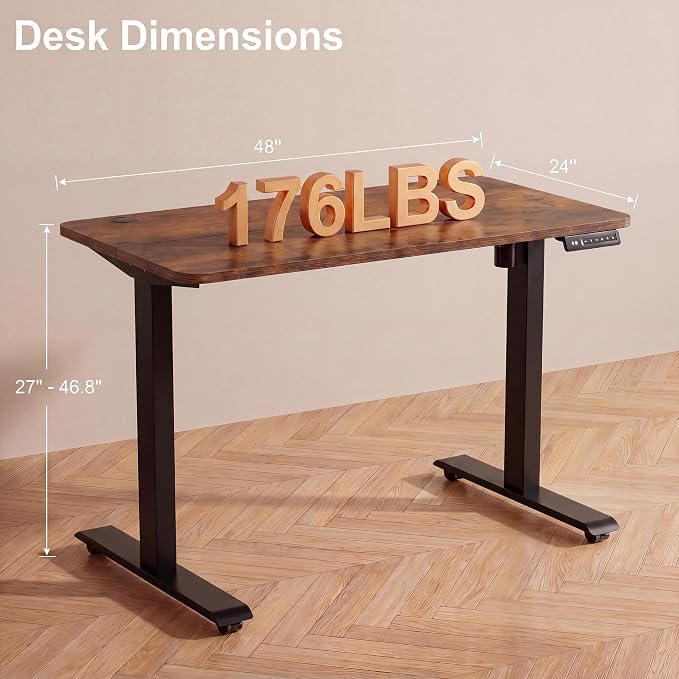 Electric Standing Desk with Power Outlets and USB-C Port, 48 x 24 Inches Adjustable Height Sit Stand Up Desk for Home Office, Adjustable Desk with Memory Preset and Wheels, Brown