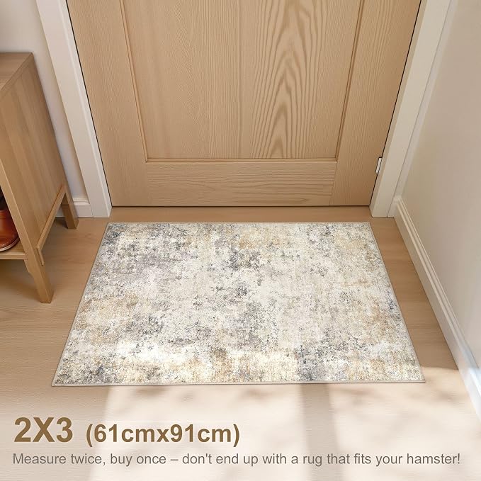 UERMEI 2x3 Entryway Area Rug: Washable Neutral Modern Abstract Small Rug - Non-Slip Low Pile Throw Indoor Carpet for Entrance Kitchen Front Door Mat Bathroom Entry Kids Room - Golden Grey