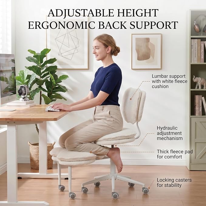 Cross Legged Office Chair with Wheels, 360 Swivel Height-Adjustable Double-Layer Padding Criss Cross Meditation Chair with Lumbar Support, Artificial Rabbit Hair Fabric, Ivory