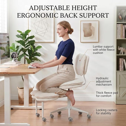 Cross Legged Office Chair with Wheels, 360 Swivel Height-Adjustable Double-Layer Padding Criss Cross Meditation Chair with Lumbar Support, Artificial Rabbit Hair Fabric, Ivory
