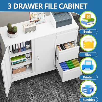 pozdeg Lockable Lateral File Cabinet with Gooseneck Handle, 3 Drawer Mobile Rolling File Cabinet with Wheels, Anti-Rust Sturdy Steel Cabinet for Home Office Workspace Organization (White)