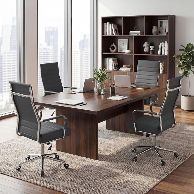 Office Desk Chair, Leather Conference Room Chairs with Wheels and Arms, Modern Ergonomic High Back Executive Ribbed Height Adjustable Swivel Chair for Home Office (Grey)