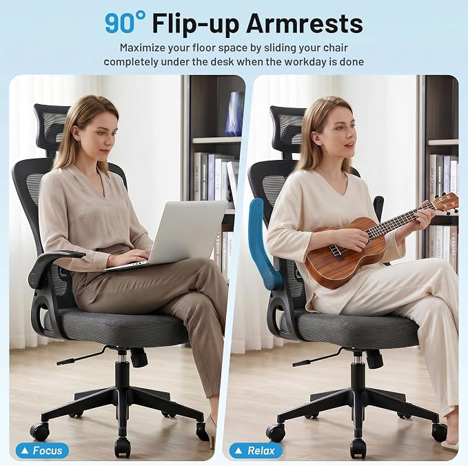 Office Chair Ergonomic Desk Chair with Adjustable Headrest Lumbar Support, High Back Breathable Mesh Chair with 120° Tilt & Flip-Up Armrests, Swivel Comfy Task Computer Chair for Work, Study