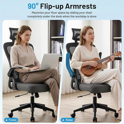 Office Chair Ergonomic Desk Chair with Adjustable Headrest Lumbar Support, High Back Breathable Mesh Chair with 120° Tilt & Flip-Up Armrests, Swivel Comfy Task Computer Chair for Work, Study