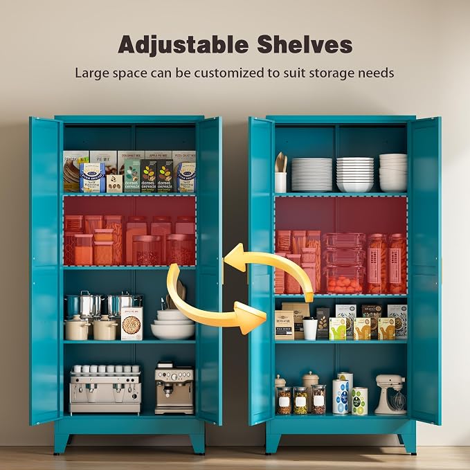 Metal Pantry Cabinet, 61" Tall Kitchen Storage Cabinet with 2 Doors and 3 Adjustable Shelves for Kitchen, Living Room, Dining Room, Bathroom and Home, Office (Blue, 1PC)