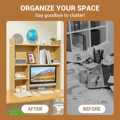deli Desktop Shelf, Desk Hutch with 5 Shelves for Computer Desk, Desktop 3-Tier Display Rack, Multipurpose Wood Desktop Bookshelf Storage Organizer for Dorm Office Home, Natural