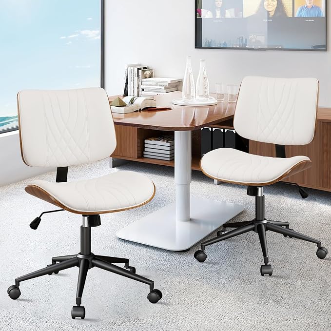 CLATINA Armless Home Office Chair, Desk Chair with Wheels, Adjustable Height Reading Chairs, Leather Mid Back & Swivel Computer Chairs, Modern Walnut with Back for Study Meeting Room(White) 2Pack