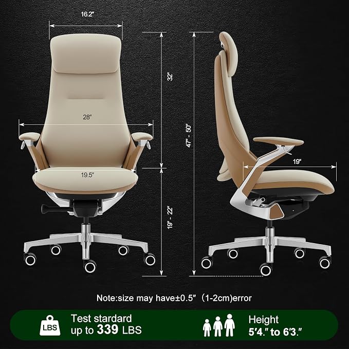 Ergonomic Executive Leather Office Chair-High Back Top Grain Leather with Adjustable Headrest, 3-Position Recline (90°-135°), Tension Control & Height Adjustment, Italian DONATI Base