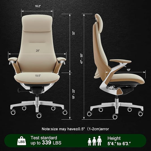 Ergonomic Executive Leather Office Chair-High Back Top Grain Leather with Adjustable Headrest, 3-Position Recline (90°-135°), Tension Control & Height Adjustment, Italian DONATI Base