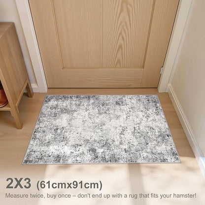 UERMEI 2x3 Entryway Area Rug: Washable Neutral Modern Abstract Small Rug - Non-Slip Low Pile Throw Indoor Carpet for Entrance Kitchen Front Door Mat Bathroom Entry Kids Room - Grey
