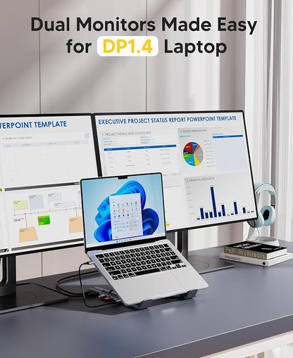 USB C Laptop Docking Station Stand Dual Monitor, Single 8K for Windows DP 1.4 or Dual 4K for Win and Mac, 9 in 1 USB C Hub with HDMI+DP, 2*USB 3.0, PD 100W, USB C 3.0, SD/TF, Universal Dock Station