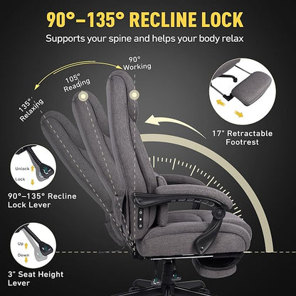 3D Kneading Massage Office Chair with Heat, 500 lbs Big and Tall Executive Computer Desk Recliner, Leather Electric Heated Office Chairs with Massage & Footrest, Gery