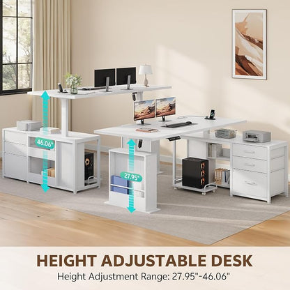 63 Inch L Shaped Desk with 3 Drawers Electric Standing Desks with Storage Computer Table Adjustable Height with Power Outlets 4 Memory Presets for Home Office, White