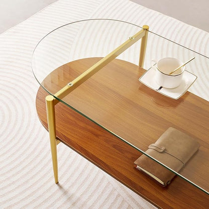 LumFurn Oval Glass Coffee Table, Mid-Century Modern Design, L41 x W21 x H17 inch, for Living Room, 2-Tier Structure, Clear Glass Top and Walnut Finish Wood Shelf, Conical Legs with Gold Finish Frame