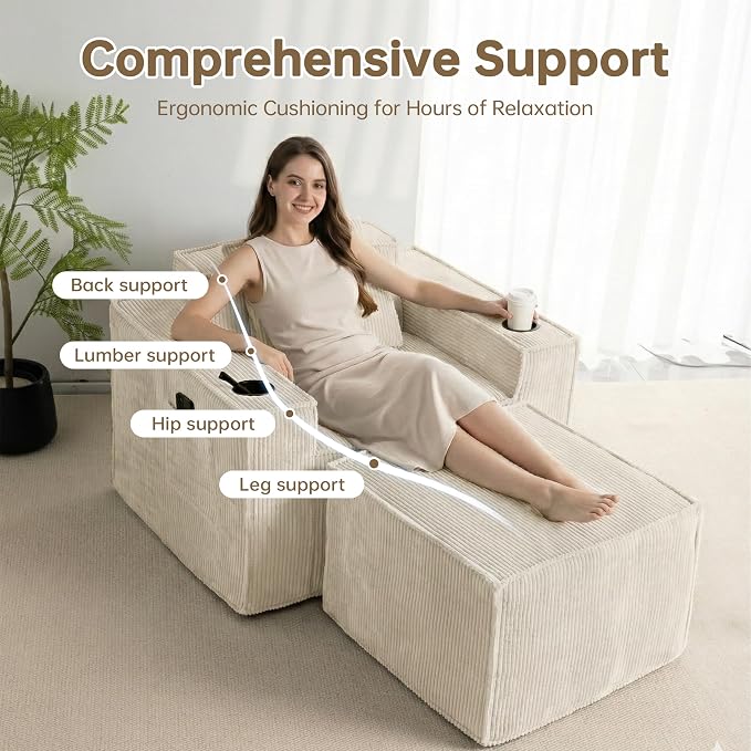 Cloud Single Sofa,Comfy Lounge Chair with Elevated Seat Height, Cup Holder & Side Pocket,No Assembly Required, Foam Couch for Small Space Bedroom Office Apartment (White, with Ottoman)