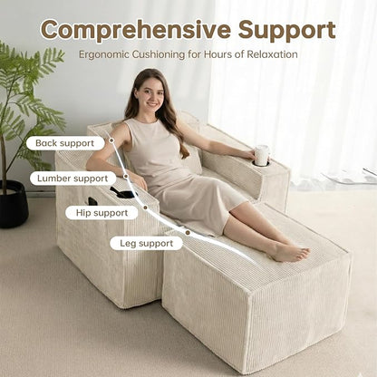 Cloud Single Sofa,Comfy Lounge Chair with Elevated Seat Height, Cup Holder & Side Pocket,No Assembly Required, Foam Couch for Small Space Bedroom Office Apartment (White, with Ottoman)