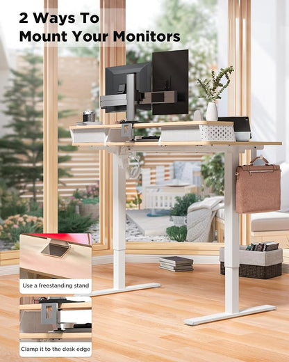 FiCiHi 35x20 Inch Standing Desk with Drawers, C-Clamp Mount Compatible, Electric Adjustable Height Computer Small Stand Up Desks, Home Office Sit Stand Table with 3 Preset Heights, Maple