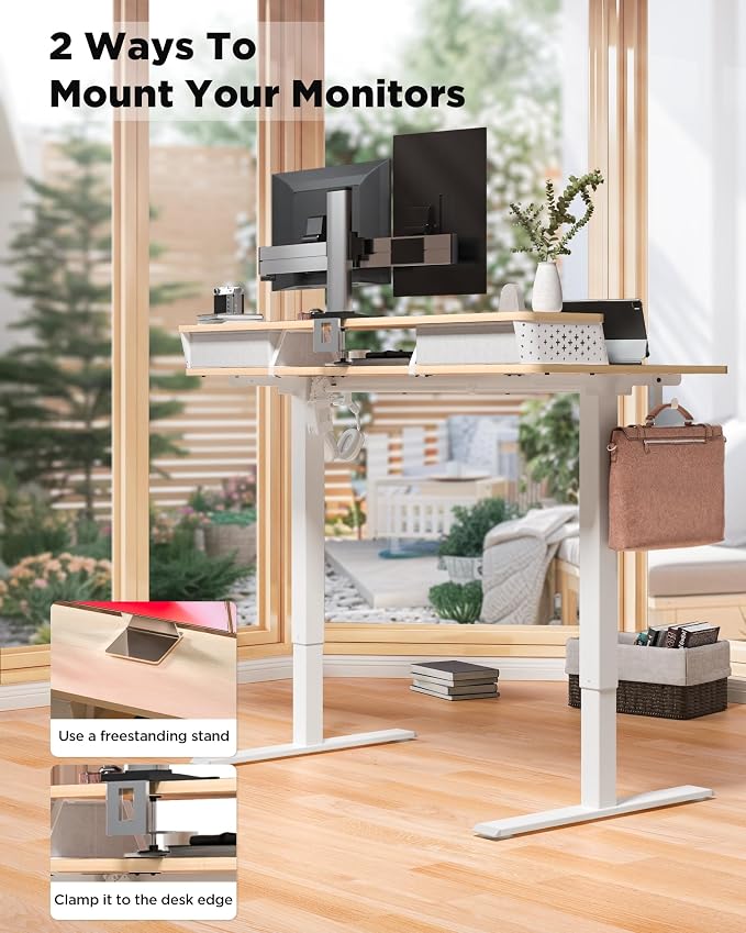 FiCiHi 40x24 Inch Standing Desk with Drawers, C-Clamp Mount Compatible, Electric Adjustable Height Computer Small Stand Up Desks, Home Office Sit Stand Table with 3 Preset Heights, Maple