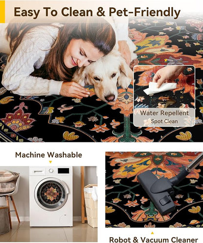 RELEANY Area Rugs Round 8ft Washable Non-Slip, Floral Vintage Distress Medallion Carpet for Living Room Bedroom Dining Room, Black Colorful Floral Dark Tan