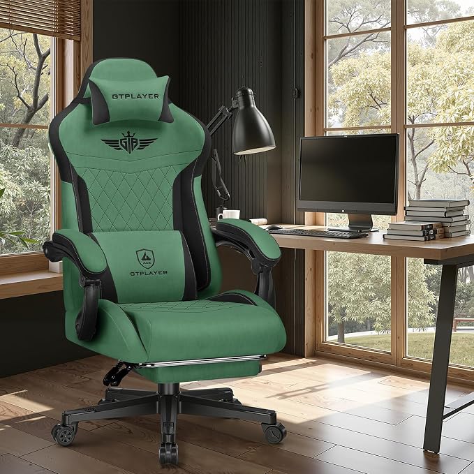 GTPLAYER Gaming Chair with Footrest, Big and Tall Game Chair High Back Computer Office Chair with Lumbar Support for Adults, Ergonomic Swivel Games Chair with Cushion Gaming, Fabric Green