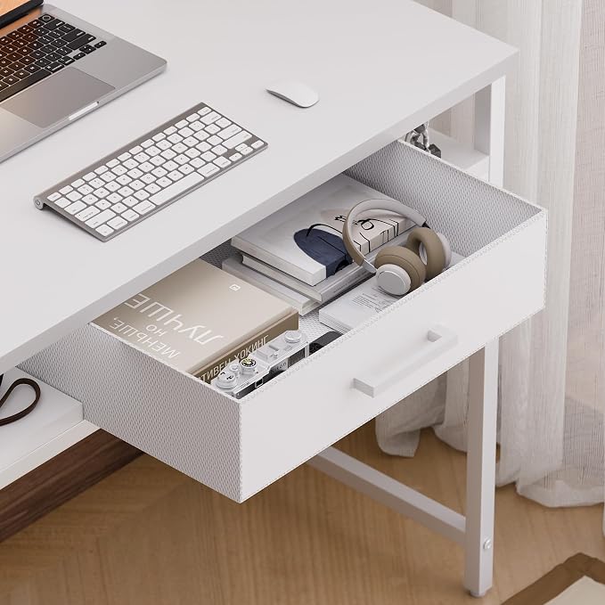 Pamray 32 Inch Small Computer Desk with Drawer and Shelves Simple Study Work Table for Bedroom Pink