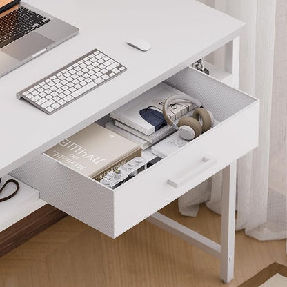Pamray 32 Inch Small Computer Desk with Drawer and Shelves Simple Study Work Table for Bedroom Pink