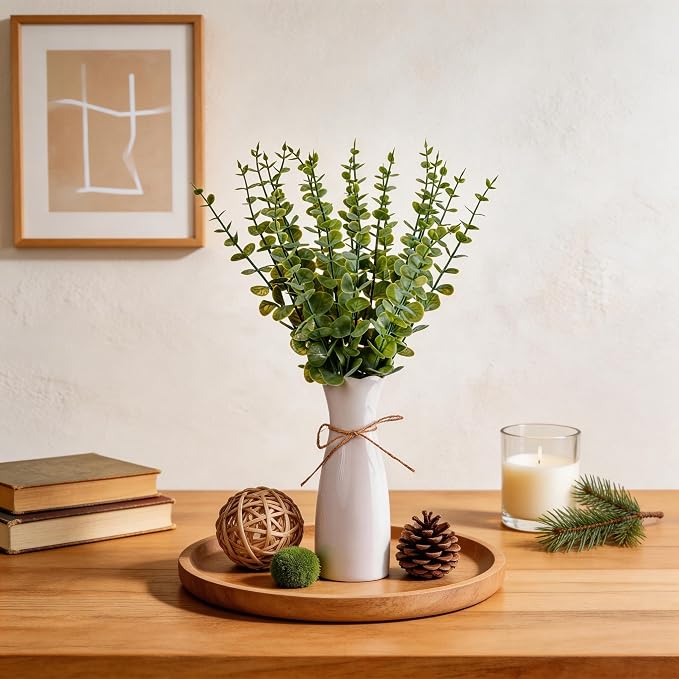 Artificial Eucalyptus Stems with White Vase,19 Inch Small Fake Plants Indoor,Faux Greenery Plant for Farmhouse Home Decor,Bathroom Living Room Kitchen Office Shelf Coffee Table Centerpiece