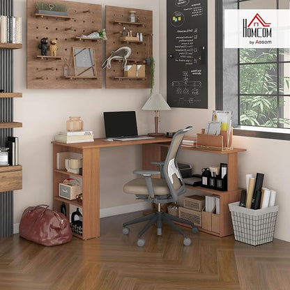 HOMCOM 47 Inch L Shaped Desk, Corner Computer Desk, 360 Degree Rotating Home Office Desk with Storage Shelves, Writing Table Workstation, Teak