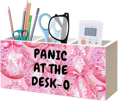 Funny Office Humor Pen Pencil Holder Organizer, Pink Office Desks Decor Accessories, Panic at the Desk-o Funky Y2K Pink Disco Ball Wood Signs for Cubicle Workplace Desk Tabletop Decor