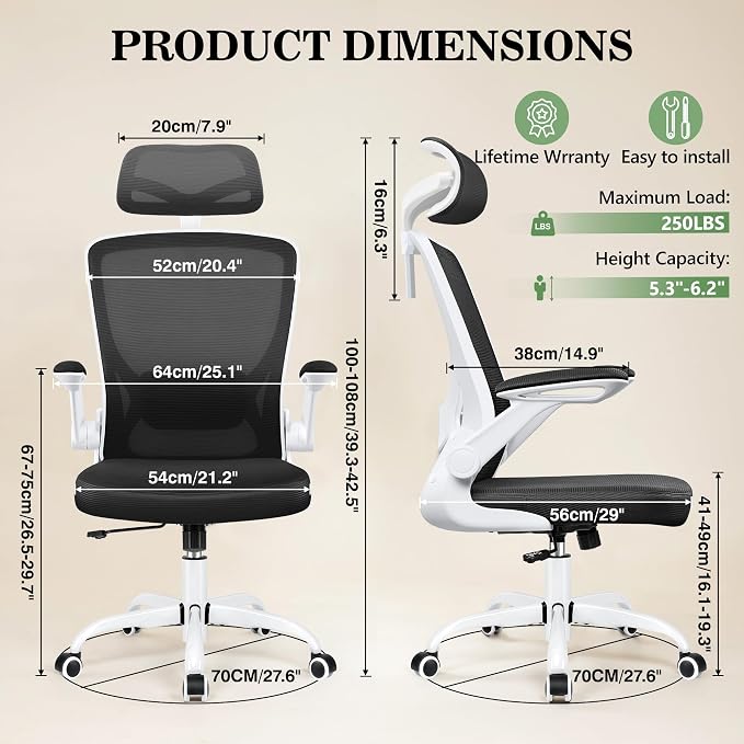 BESTFAIR Office Chair Ergonomic Desk Chair, Breathable Mesh Office Chairs with Adjustable Lumbar Support, Flip-Up Arms, Computer Desk Chair Comfy for Home Office, White