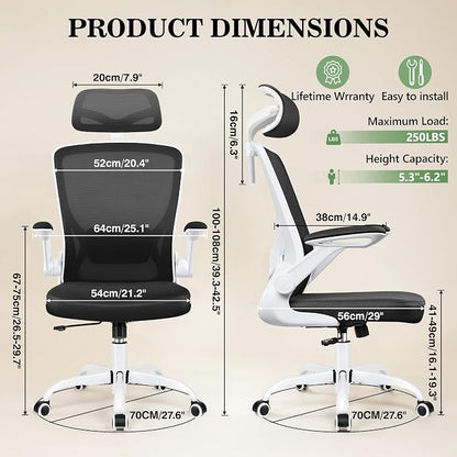 BESTFAIR Office Chair Ergonomic Desk Chair, Breathable Mesh Office Chairs with Adjustable Lumbar Support, Flip-Up Arms, Computer Desk Chair Comfy for Home Office, White
