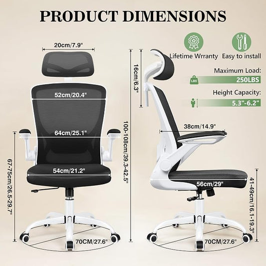 BESTFAIR Office Chair Ergonomic Desk Chair, Breathable Mesh Office Chairs with Adjustable Lumbar Support, Flip-Up Arms, Computer Desk Chair Comfy for Home Office, White