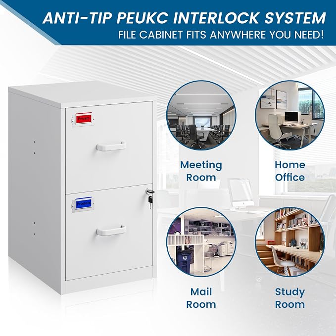 PEUKC 2 Drawer File Cabinet with Lock, 25.4" High Vertical Filing Cabinet, 17.7" Deep Metal Storage Cabinets for Home Office, Letter/Legal/A4/F4 Size, White(Assemble Required)