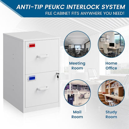PEUKC 2 Drawer File Cabinet with Lock, 25.4" High Vertical Filing Cabinet, 17.7" Deep Metal Storage Cabinets for Home Office, Letter/Legal/A4/F4 Size, White(Assemble Required)