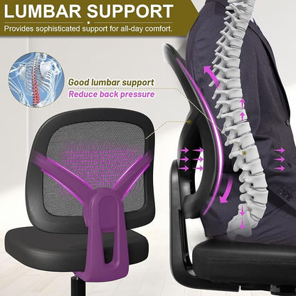 Swivel Armless Office Desk Chair No Arms with Back Support Rolling Wheels for Small Spaces Adult