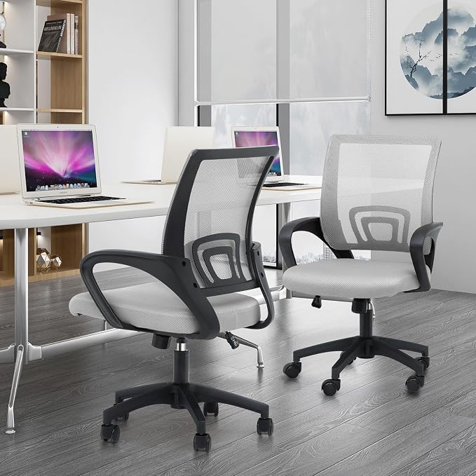 Athena Collection Computer Office Chair Set of 2, Ergonomic Desk Chair with Rolling Wheels, Mesh Back Support and Height Adjustable, Small and Comfy for Home Office, Study, Light Grey