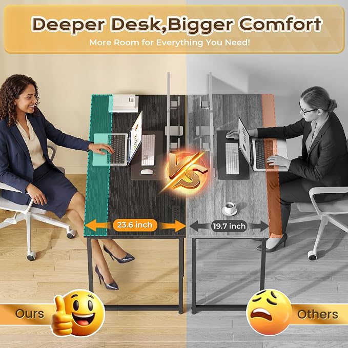 PRAISUN 47 X 24 Inch Computer Desk with Power Outlets & USB-C Port, Office Desk with Deeper Desktop, Study, Bedroom, Writing Work from Home Table, Metal Frame, Black