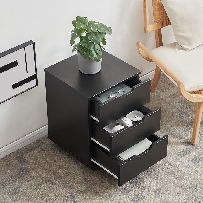 Farini 3-Drawer Vertical Filing Cabinet Rolling Wood Mobile File Cabinets Under Desk for Home Office with Casters,Black,Fully-Assembled