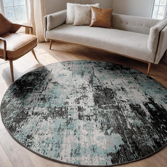 RELEANY Washable Area Rugs 6ft Non-Slip Modern Abstract Soft for Living Room Entryway Bedroom Kitchen, Print Pattern, Blue Black Teal