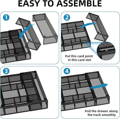 Marbrasse Expandable Desk Drawer Organizer, Mesh Drawer Organizer Tray with 10 Adjustable Compartments, Desk Organizers and Accessories for Office Supplies, Makeup & Vanity (Expandable Black-2 pack)