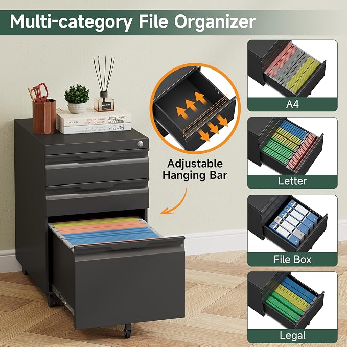 Mobile File Cabinet with Lock,3 Drawer Under Desk Metal Rolling Filing Cabinets for Home Office Organizer A4/Letter/Legal,Easy Assembly,Black