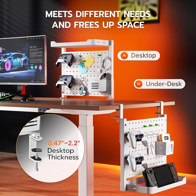 ARES WING Clamp On Desk Pegboard with 16 inches Organizer Shelf, Adjustable Above or Under Desk Storage Shelf Holds 44 lbs, Magnetic Metal Peg Board for Office and Gaming Accessories, White
