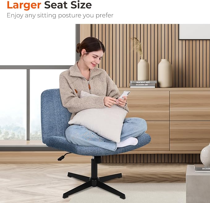 NEO CHAIR Criss Cross Chair No Wheel Vanity Desk Chair Wide Armless Cross Legged Office Comfy Makeup Adjustable Computer Task for Home Office Fabric (Blue)