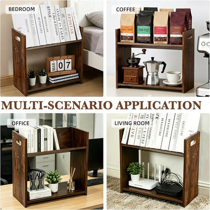 Desktop Bookshelf, 2 Tier Desk Shelf Organizer, Wood Office Tabletop Bookcase, Small Tabletop Book Rack, Portable Mini Bookcase for Book Display, Office, Home, Bedroom, Storage and Display