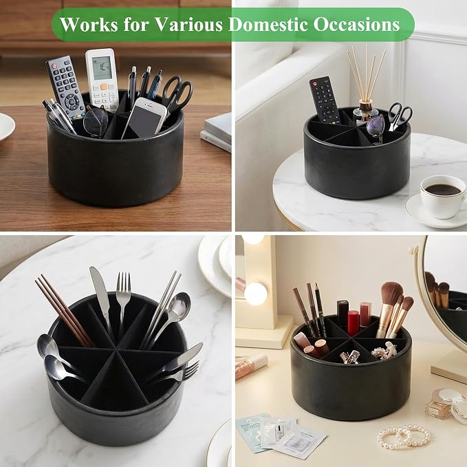 Remote Control Holder, 360°Spinning PU Leather Desk TV Remote Caddy,Desk Storage Box Room Accessories for Controller, Media,Mail,Calculator, Mobile Phone,Pencil(1-Oil Black)