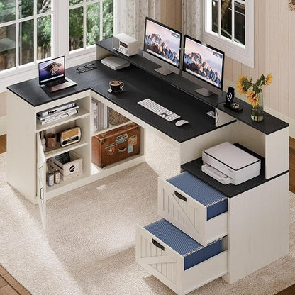 TVU Farmhouse L Shaped Desk with Drawers, 62.2" Home Office Desk with Storage Shelves and Power Outlet, L Shaped Computer Desk with Monitor Stand and Printer Shelf, Black and White