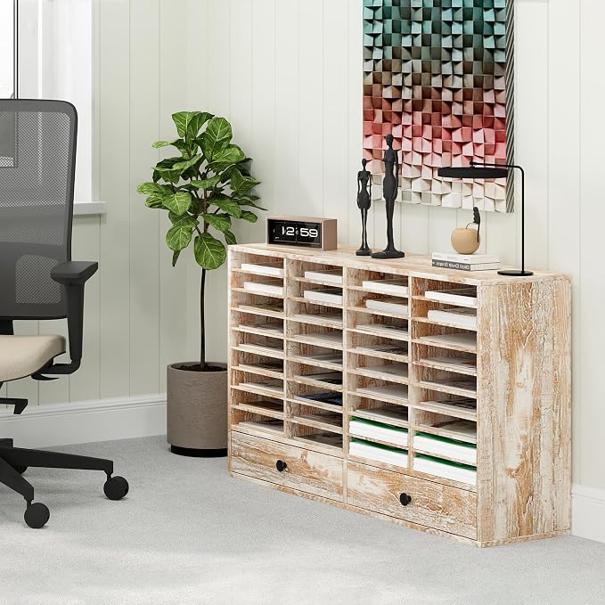 TQAVI Wood Classroom Mailbox 36 Compartments with 2 Drawer, Large Paper Organizer with Adjustable Shelves to Sorting Literature Bill, A4 Size File Organizer for Office School Home, Retro White