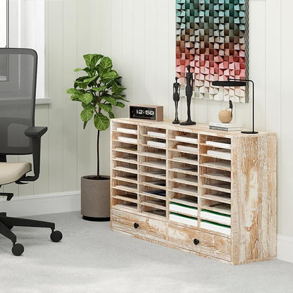 TQAVI Wood Classroom Mailbox 36 Compartments with 2 Drawer, Large Paper Organizer with Adjustable Shelves to Sorting Literature Bill, A4 Size File Organizer for Office School Home, Retro White